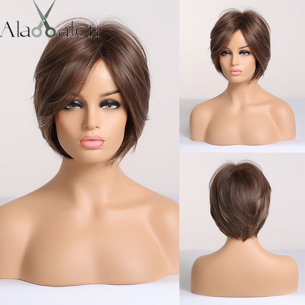 ALAN EATON Synthetic Hair Lady Short Wavy Wigs for Women Mix Brown Blonde Ash Wigs with Side Bangs High Temperature Fiber