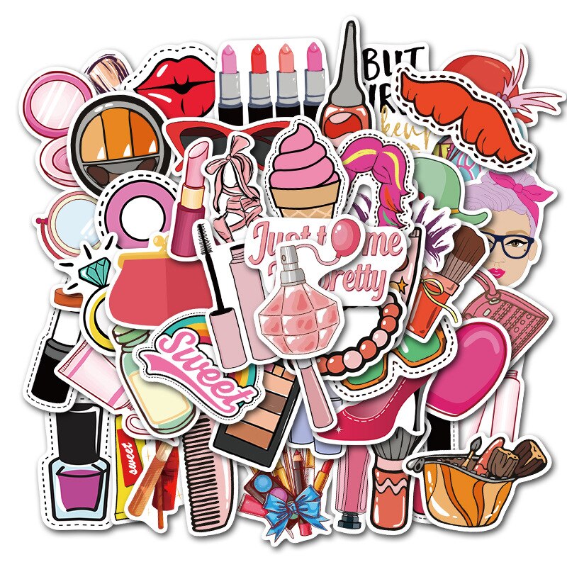 50 Stks/partij Pretty Girl Cosmetische Sticker Decal Lipstick Parfum Hoge Hakken Patroon Diy Voor Laptop Bagage Koffer Leuke Stickers