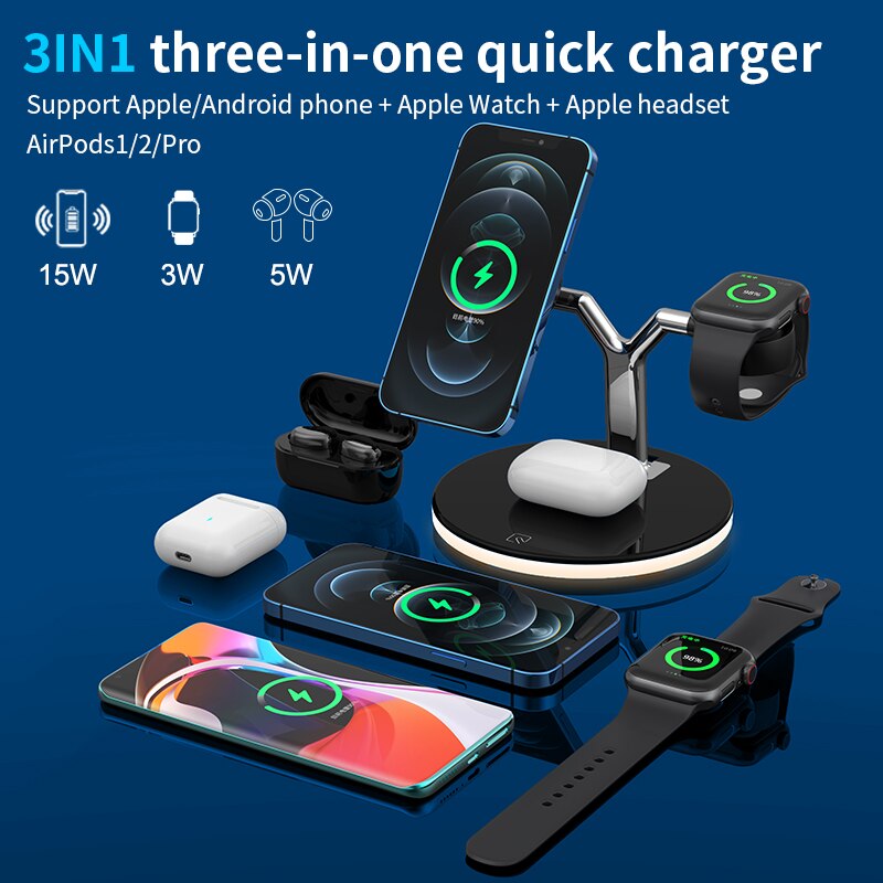 3 In 1 Draadloze Oplader Stand Voor Iphone 11/12 Pro Max Qi 15W Fast Charging Stand Magnetische Laders Voor apple Horloge Air Pods