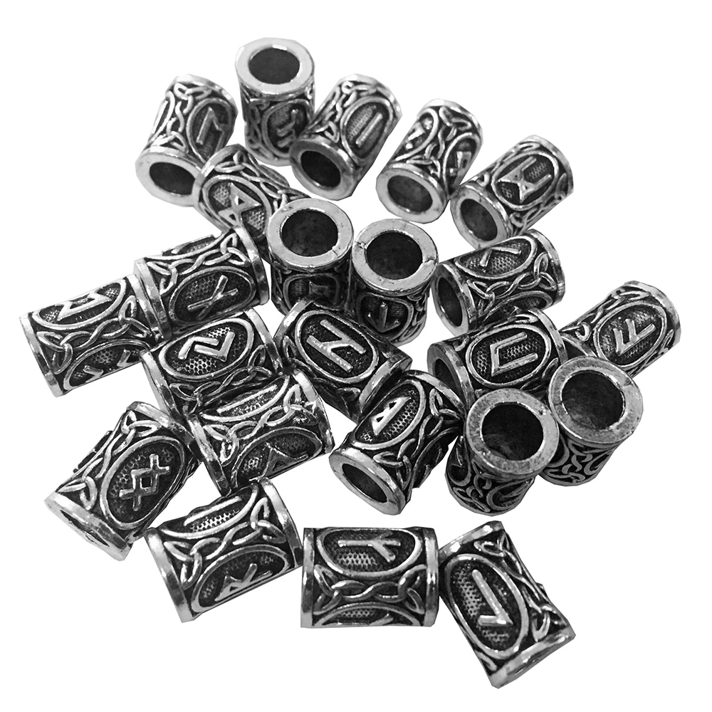 24pcs/Set Vintage Rune Viking Beard Beads TIWAZ TYR Sol Runes Tube Spacer Beads Charms for Hair/Necklace/Bracelet DIY Jewelry