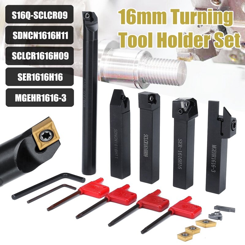 5Pcs 16MM Shank Turning Holder Tool Set with Blade Wrench for Bench Lathe & CNC Turning Tool