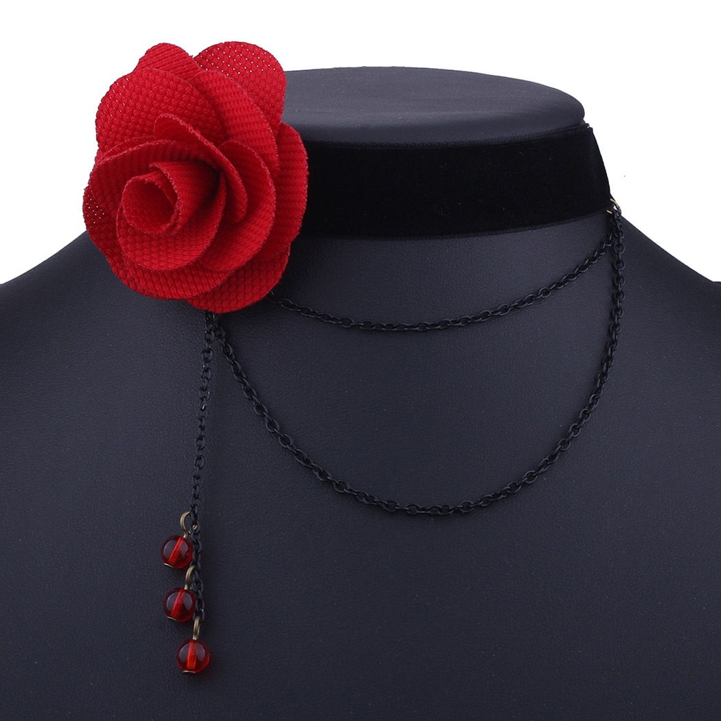 Red Rose Black Choker Flower Chain Decor Choker Necklace Gothic Choker for Women Halloween Nightclub Party Accessories