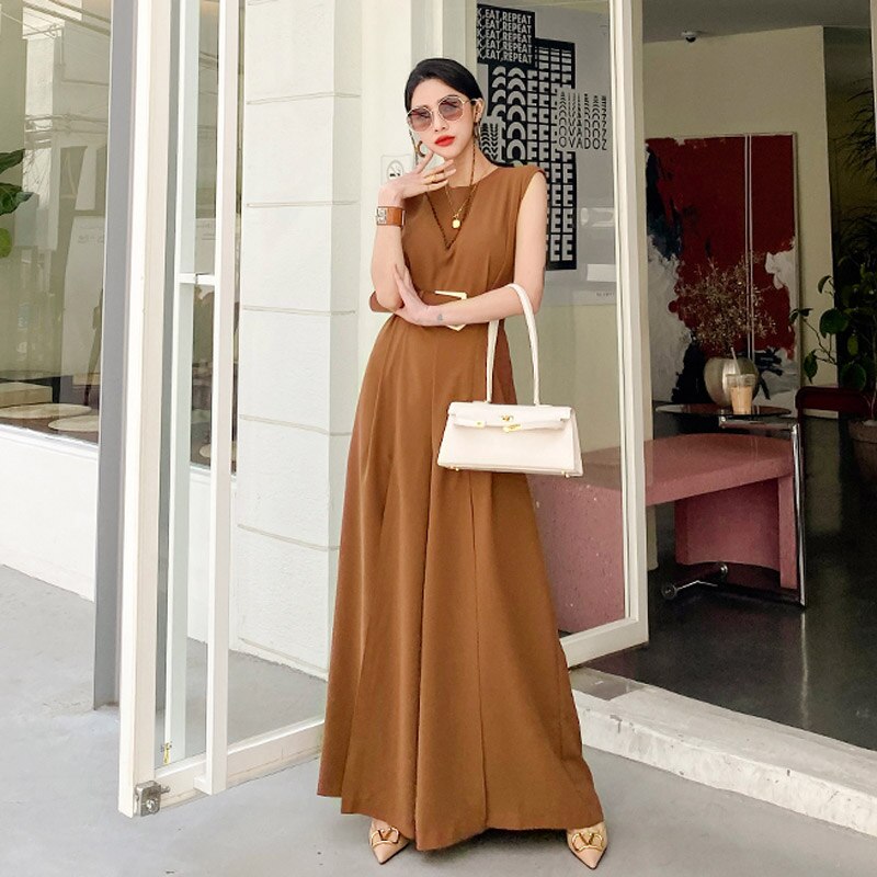 Summer Office Ladies Jumpsuits Bussines Sleeveless O Neck Sashes Overalls Formal Work Wide -Leg Rompers Jumpsuit with Belt: brown / M