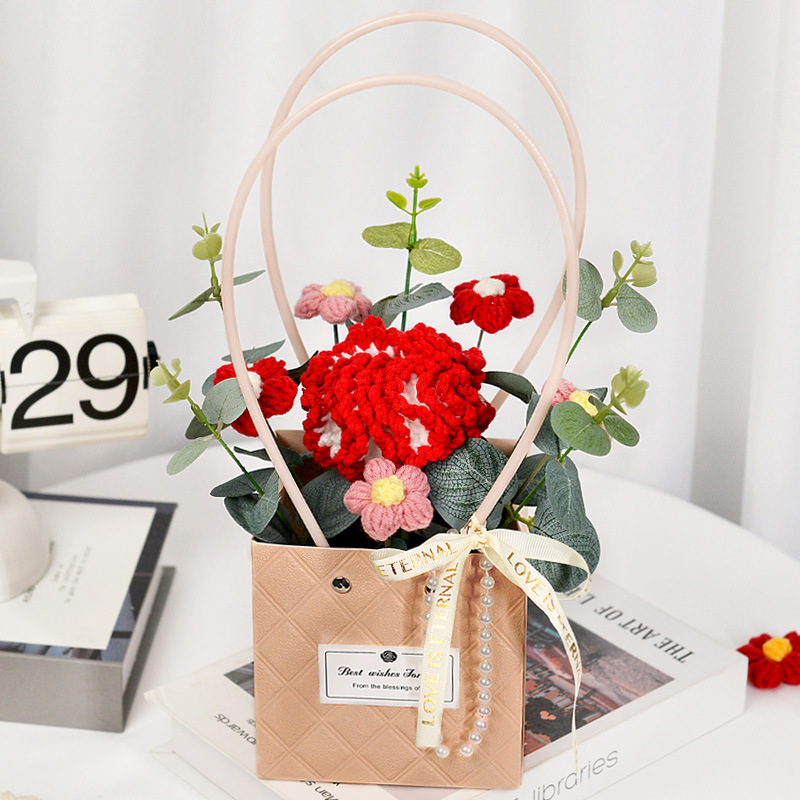 stijl gehaakte zonnebloemen rozen anjer pluche planten afgewerkt gebreide handtas boeketten Valentijn verjaardag afstudeercadeaus: GRIJS