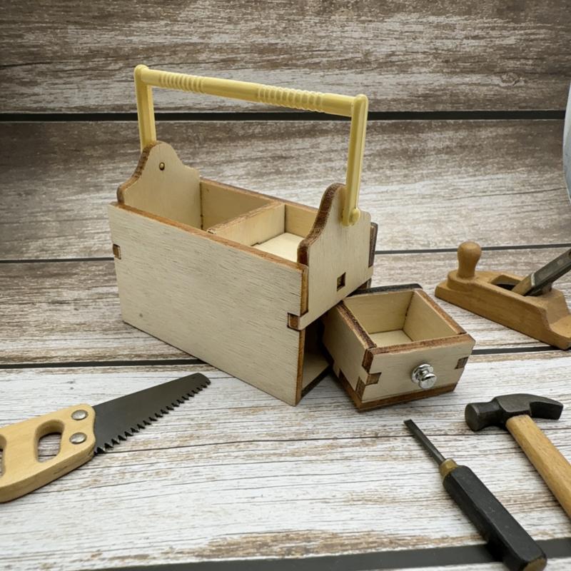 Handcraft Mini Wooden Toolbox with Drawer 112 Scale Dollhouse Tools Chest for DIY Room Scenes Decoration