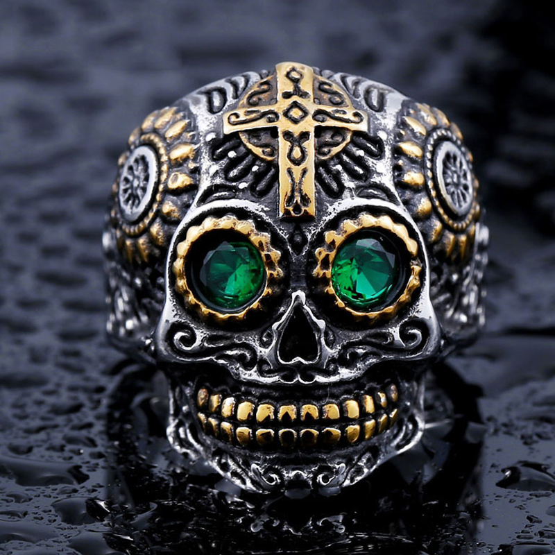 Anillo de calavera de Kapala para hombre, joyería gótica de acero inoxidable 316L, estilo Punk Rock, Hip Hop,: 11 / Verde