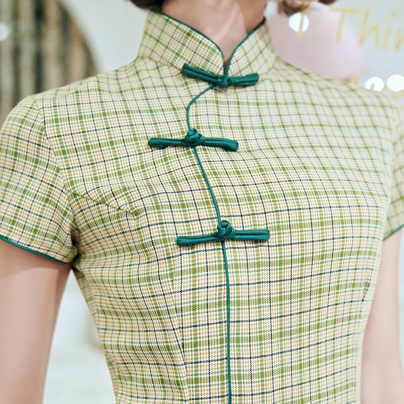 Cheongsam kjole grøn kvinder bomuld slim qipao ternet kjole fest korte kjoler
