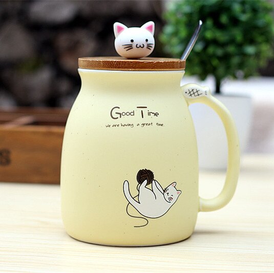 Joylove 450ml tegneserie keramik kat krus med låg og ske kaffe mælk te krus morgenmad kop drinkware nyhed: Gul