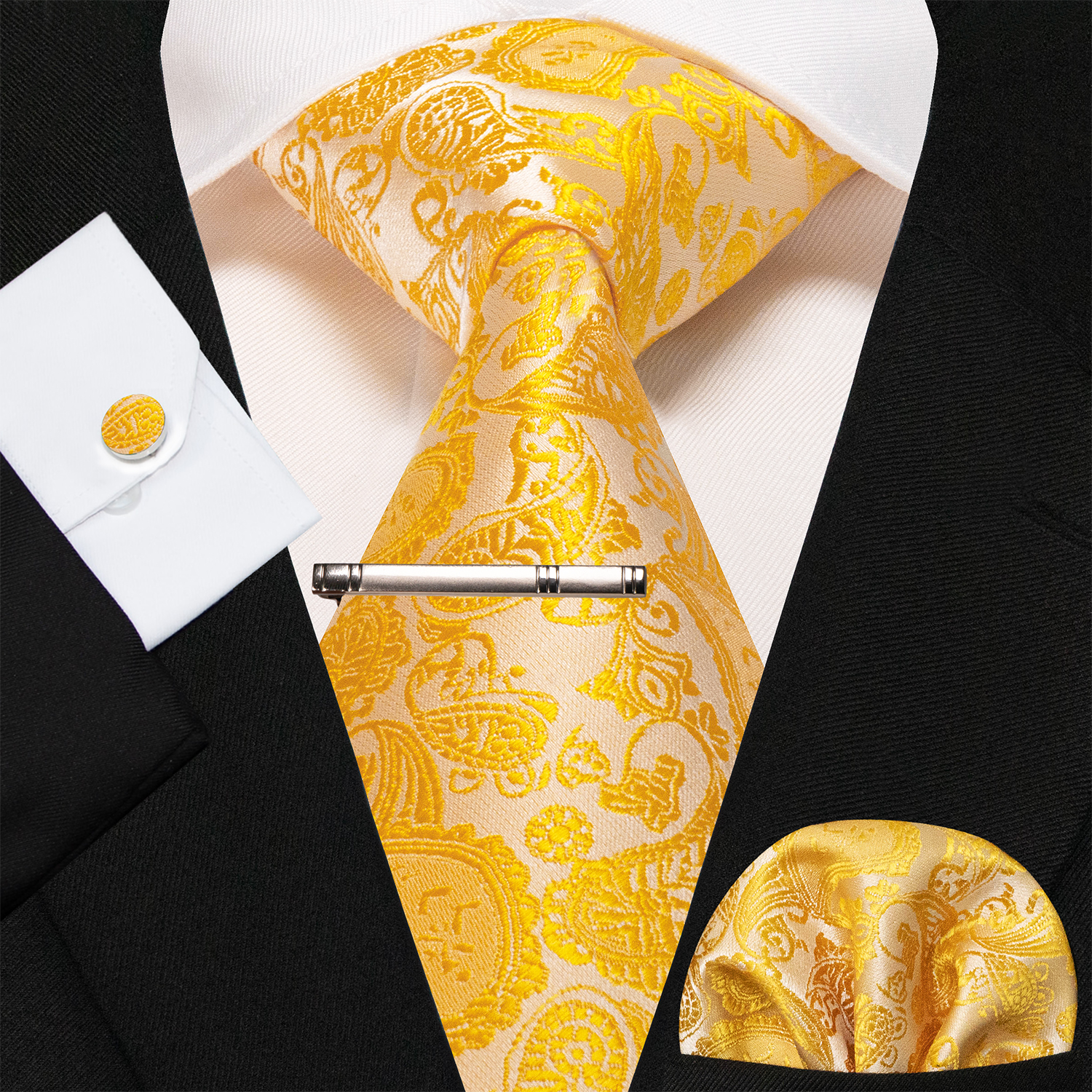 Corbatas de Cachemira azul y verde para hombre, corbata de seda de lujo de 8cm de ancho, gemelos cuadrados de bolsillo, conjunto de clips de corbata, de Navidad para hombre: YELLOW