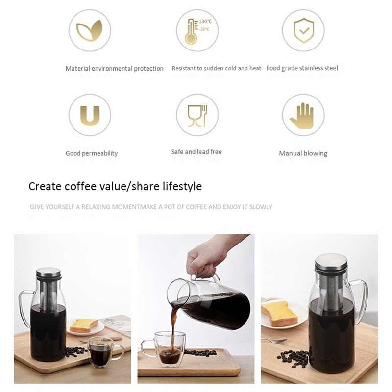 Cold Brew Coffee Maker,Iced Tea Pitcher Infuser with Lid&Scale,Dual Use Filter Coffee Pot ,51Oz/1.5L