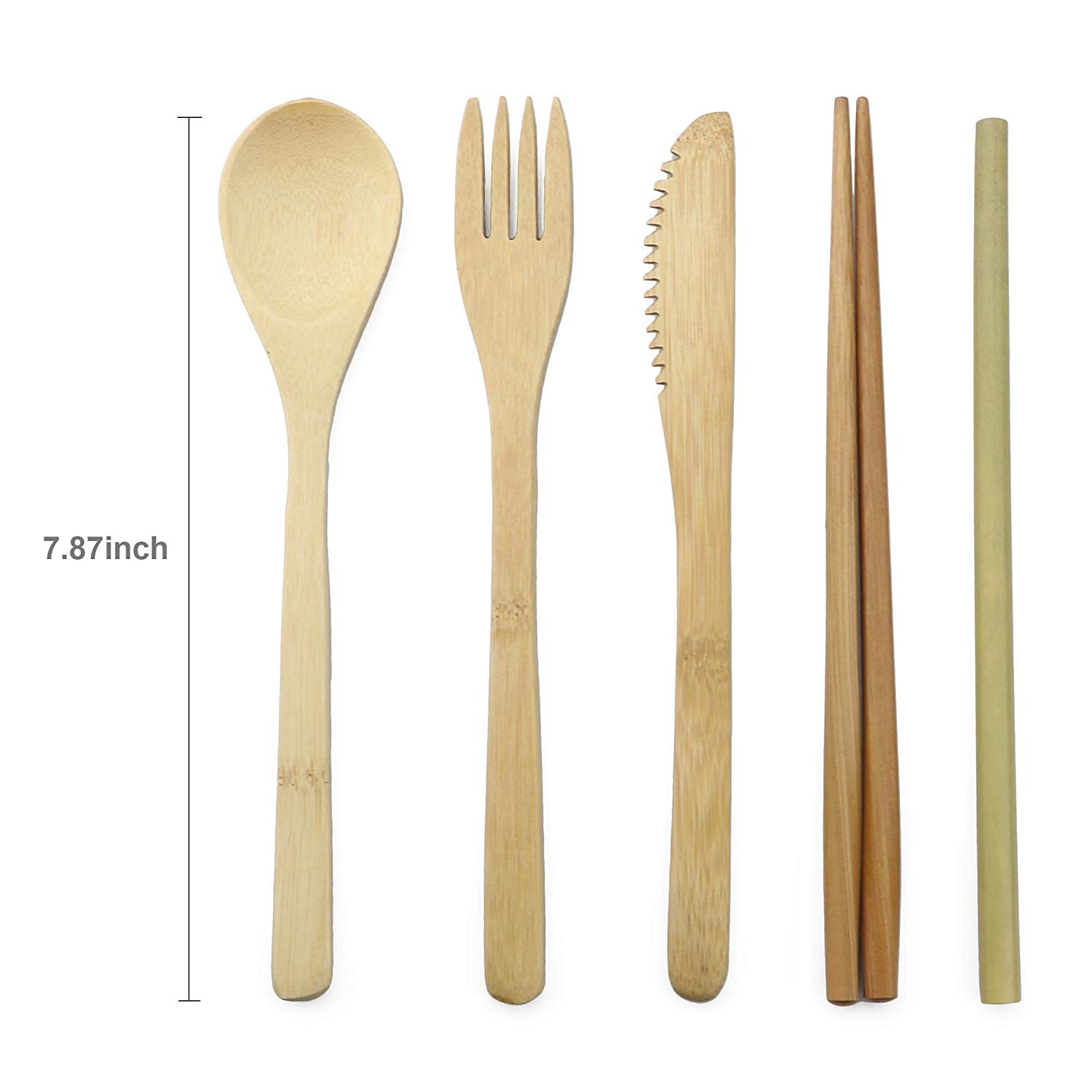 7-Piece Wooden Flatware Cutlery Set Bamboo Straw Set With Cloth Bag Knives Fork Spoon Chopsticks Travel