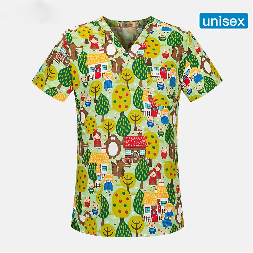Ren bomuld print behagelig åndbar spa uniform scrub dame arbejdstøj top + justerbar tegneserie tryk scrub cap