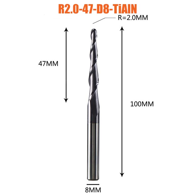 1 Pcs Tungsten Vhm Gecoate Taper Ball Nose Cnc Frezen Frezen Voor Hout En Snijders Voor Metalen end Mill: R2.0-47-D8-100