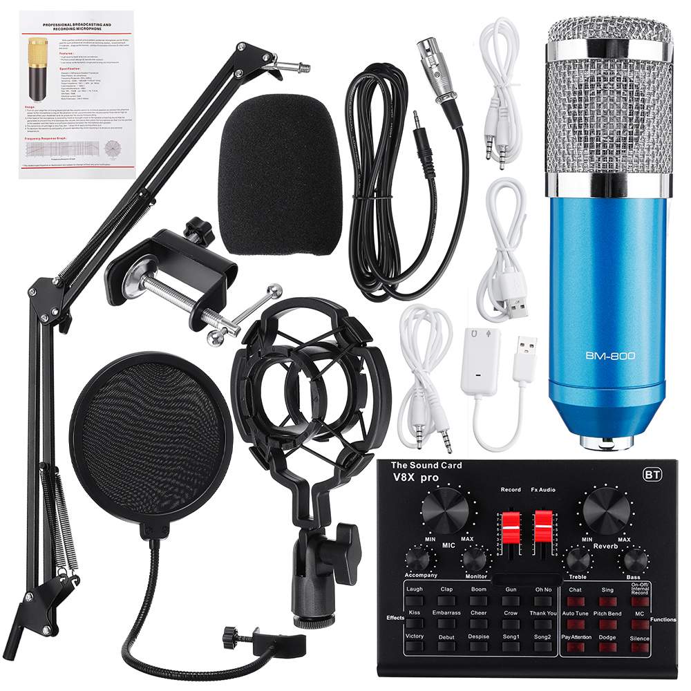 BM800 Pro Microfoon Mixer Audio Dj Mic Stand Condensator Usb Draadloze Karaoke Ktv Professionele Opname Live Bluetooth Geluidskaart: blue silver
