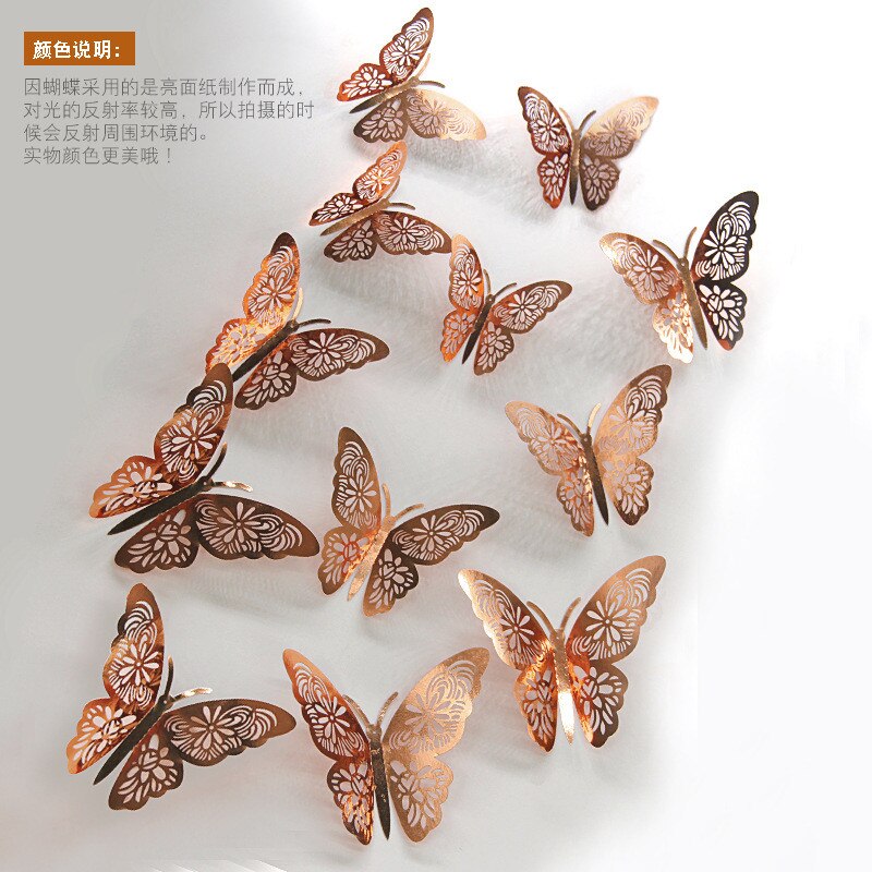 3d metalen stickers voor kamerdecoratie, 3d vlinders voor thuis, kinderkamer muurstickers, festival, feestindeling: Roségoud-g