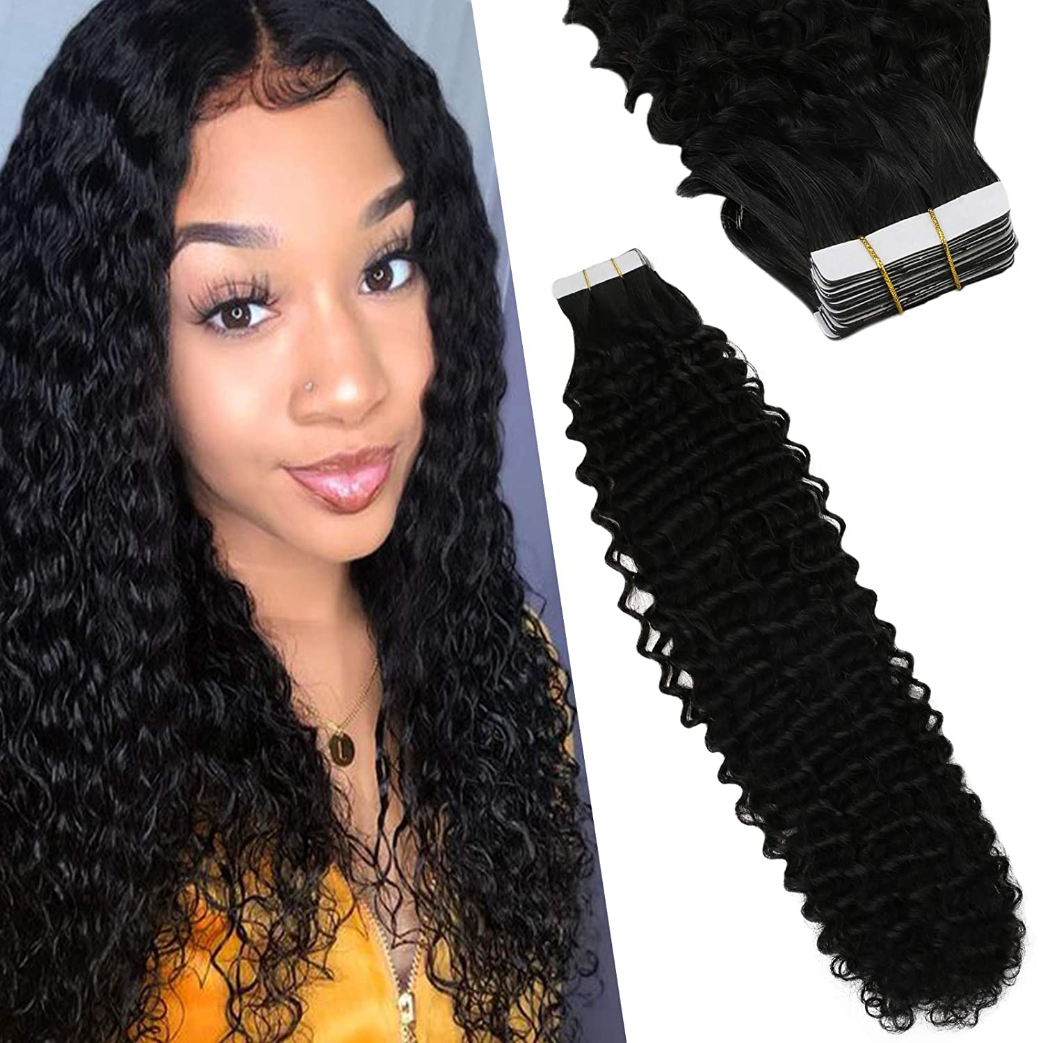 Curly Hair Extensions Tape in Human Hair Natural Black Curly Hair Extensions Tape in Skin Weft