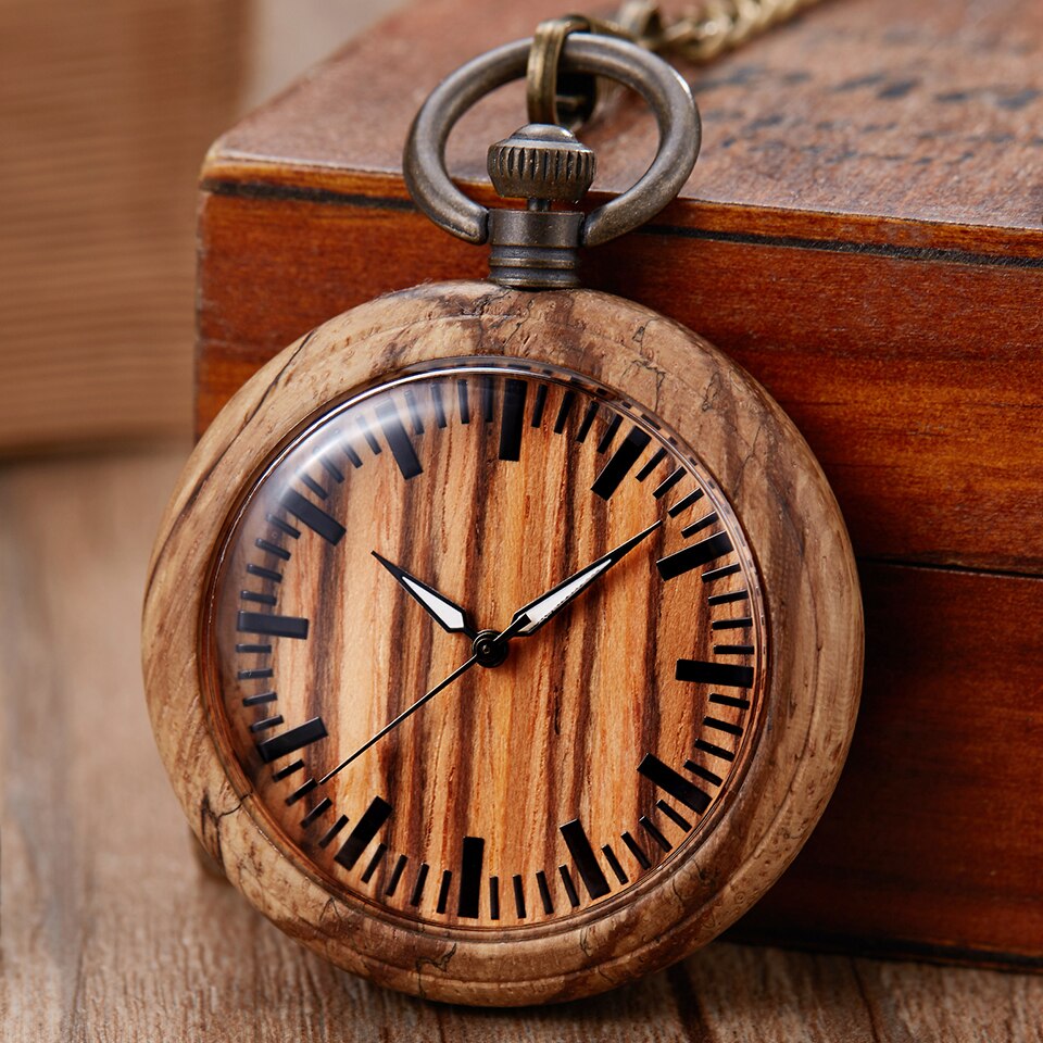 Natuurlijke Hout Zakhorloge Mannen Vrouwen Creatieve Houten Quartz Horloges Fob Ketting Hangers Kleurrijke Klok Reloj De Bolsillo: brown