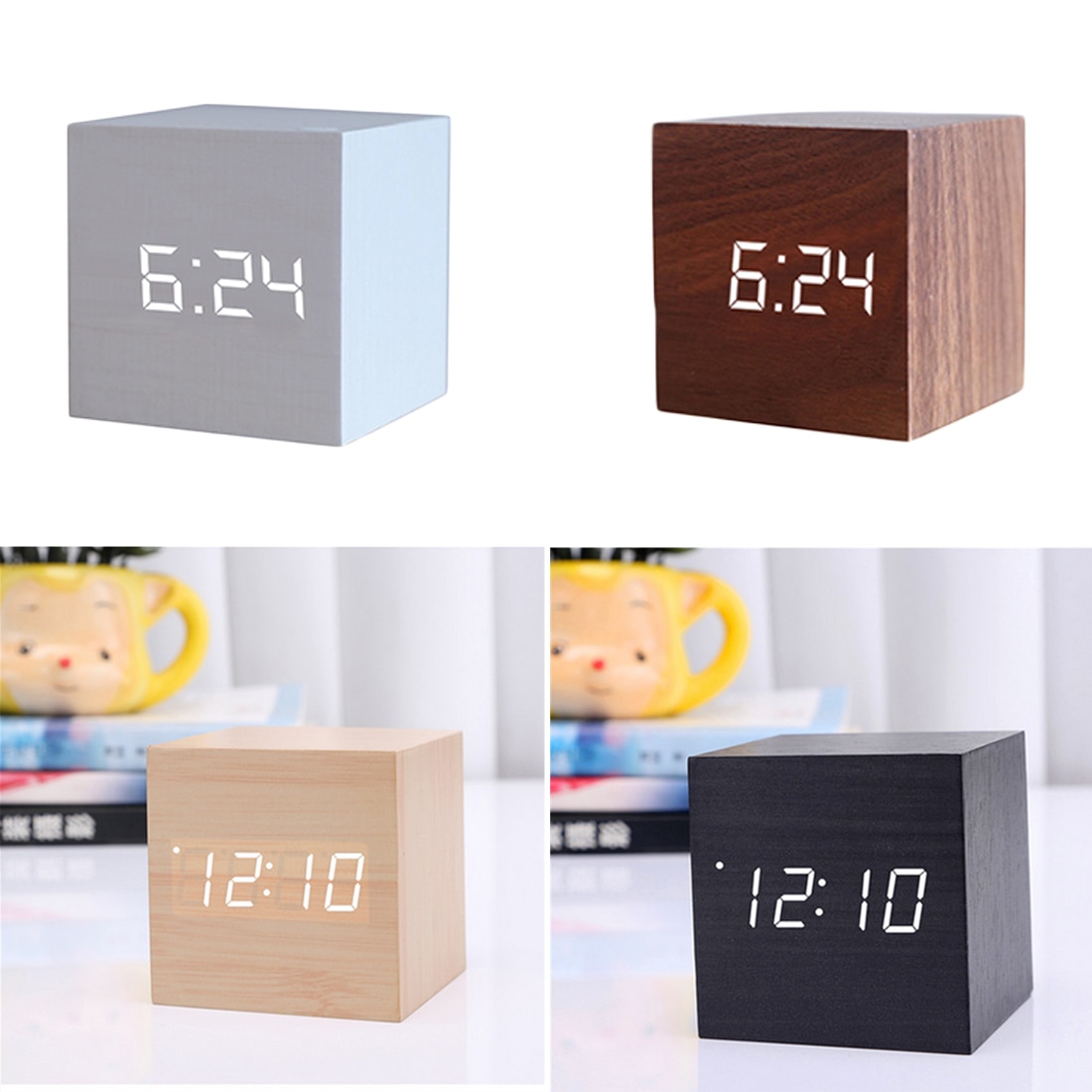 Wooden LED Alarm Clock Watch Table Voice Control D... – Vicedeal