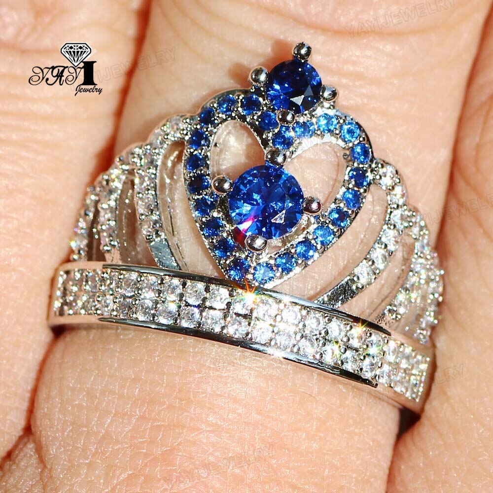 YaYI Schmuck Prinzessin schneiden 8 CT Blau Zirkon Silber Farbe Engagement Ringe hochzeit Herz Krone Ringe Party Ring Weihnachten