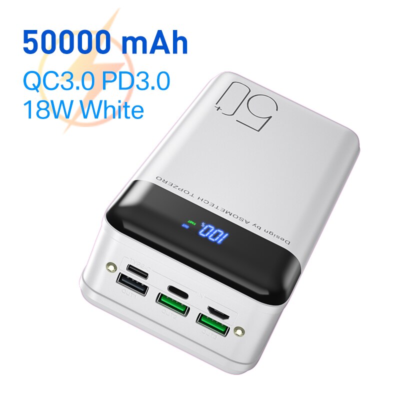 Power Bank 50000 Mah Draagbare Oplader Met Led Licht Grote Capaciteit Powerbank 50000 Mah Externe Batterij Voor Iphone 13 X xiaomi: White 18W QC PD