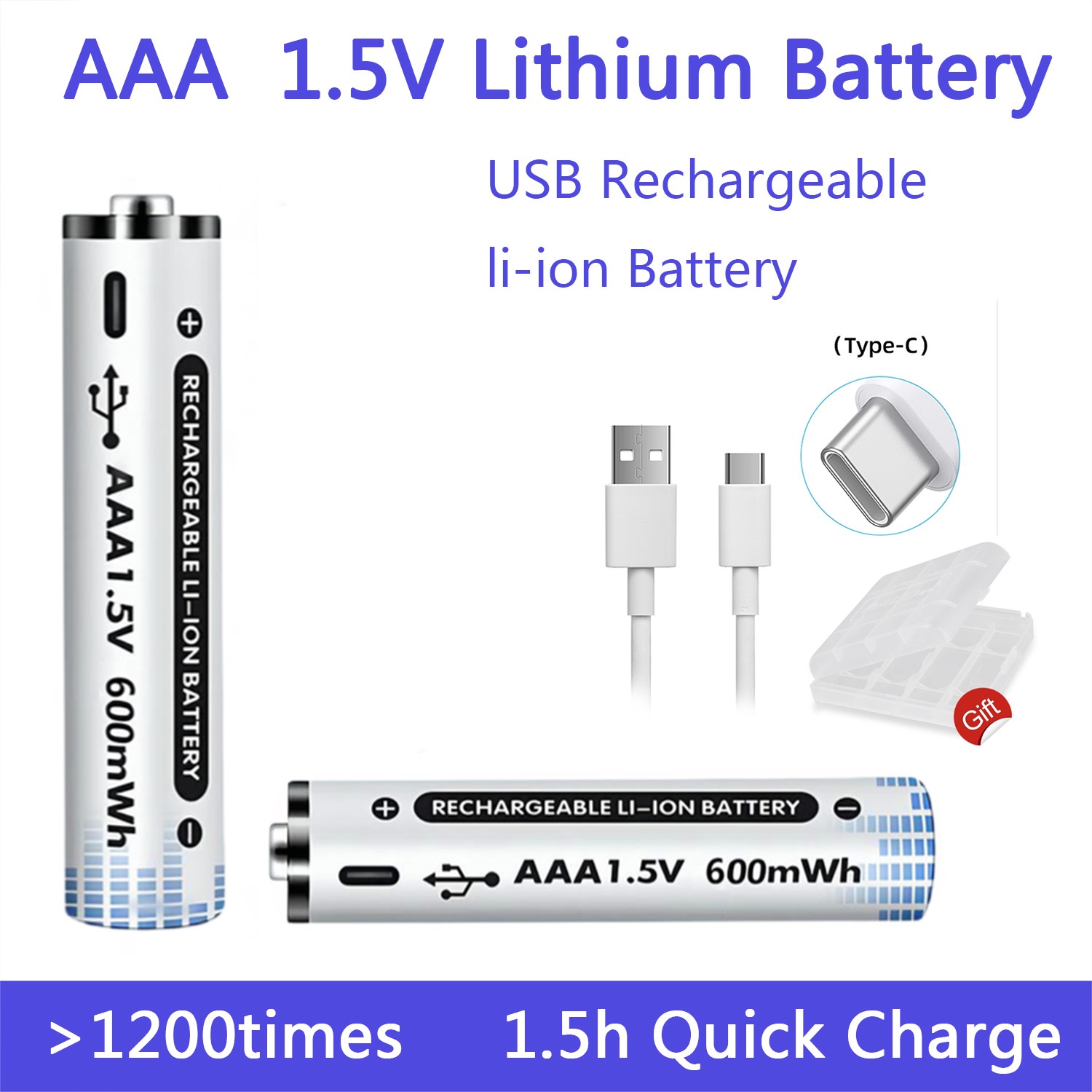 Akumulatory AAA USB 1,5 V Li-ion o dużej pojemności 600 mWh Akumulator zapasowy do zdalnej myszy Latarka + kabel typu C