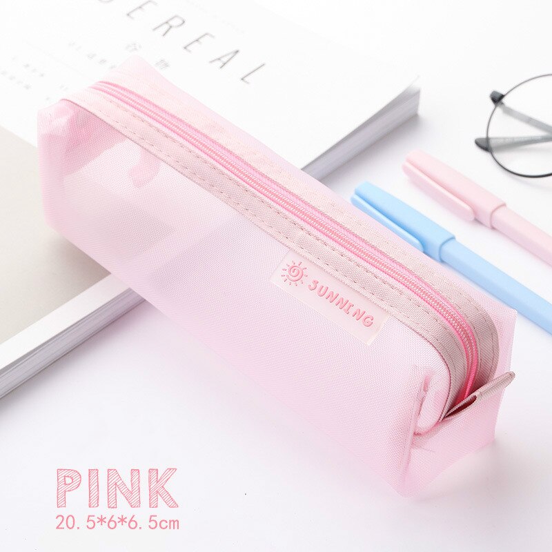 Bolsa de lápices de papelería transparente para examen de estudiante, estuche de bolígrafos de malla de nailon dedicado, bolsa de gran capacidad Unisex, suministros escolares: Pink