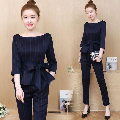 Blue Striped Office Two Piece Set Women Long Sleeve Tops With Belt+pants Trousers Ladies Korean Sets Suits Women's Clothing