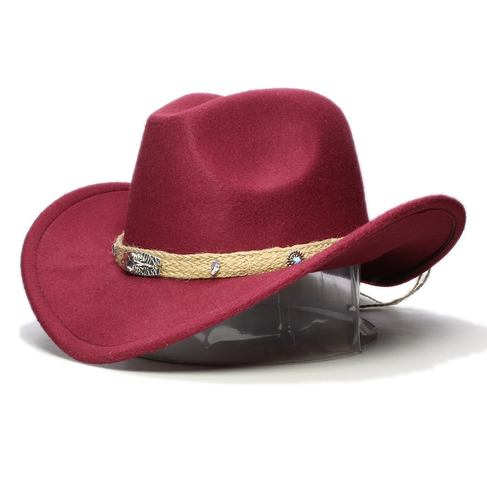 Retro beige skorpion strikket bånd forældre-barn kvinder mænd/kid uld bred skygge cowboy western hat cowgirl bowler kasket  (57cm/54cm): Vin / Børne størrelse 54cm