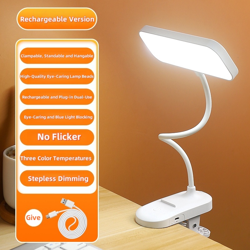 360 ° Lampada da scrivania ricaricabile tramite USB con clip regolabile – Luce notturna sul comodino per telecamera da letto, studio, lettura e lavoro d'ufficio: Beige