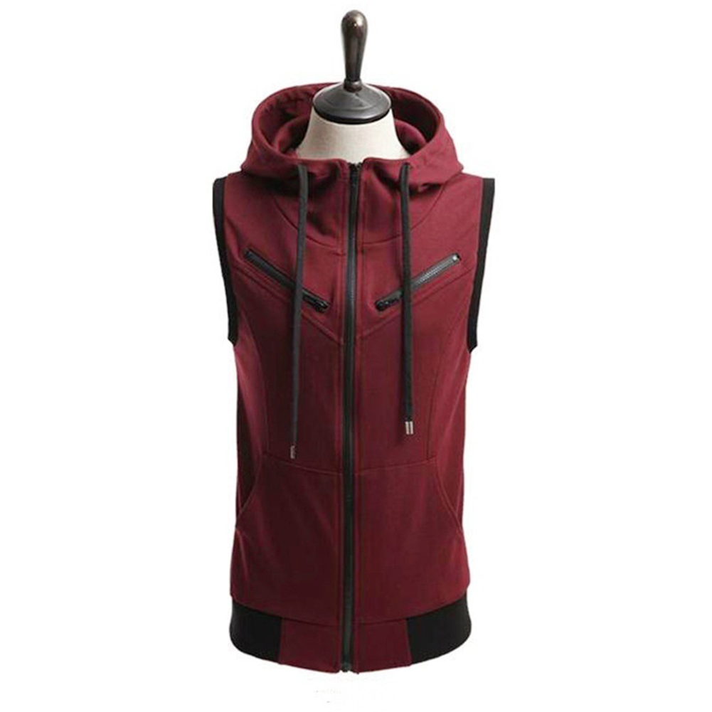 men's monochromatic hooded vest zipper pocket sleeveless vest jacket