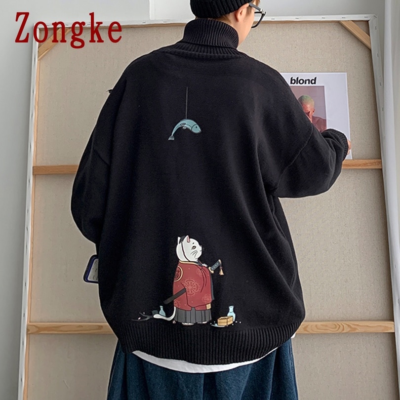 Zongke Samurai estampado de gato cuello alto de punto suéter de los hombres ropa de cuello de los hombres suéter de suéter o Chompa para hombre M-3XL