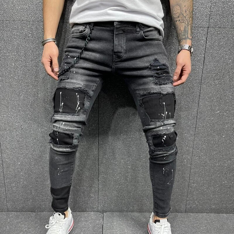 Biker Jeans Men's Distressed Stretch Ripped Biker Jeans Men Hip Hop Slim Fit Holes Punk Denim Jeans Cotton Pants Zipper jeans