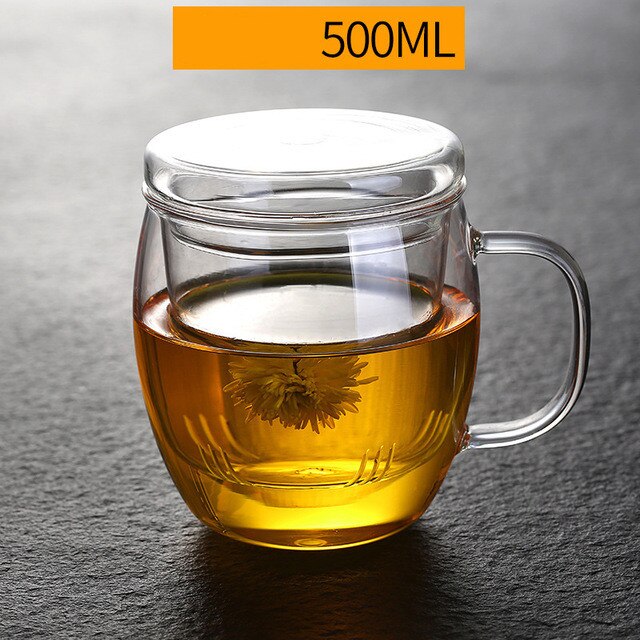 Transparent Glass Tea Cups Household Flower Teacups with Lid and Filter Heat Resistant Water Mug Office Drinkware: 500ml D
