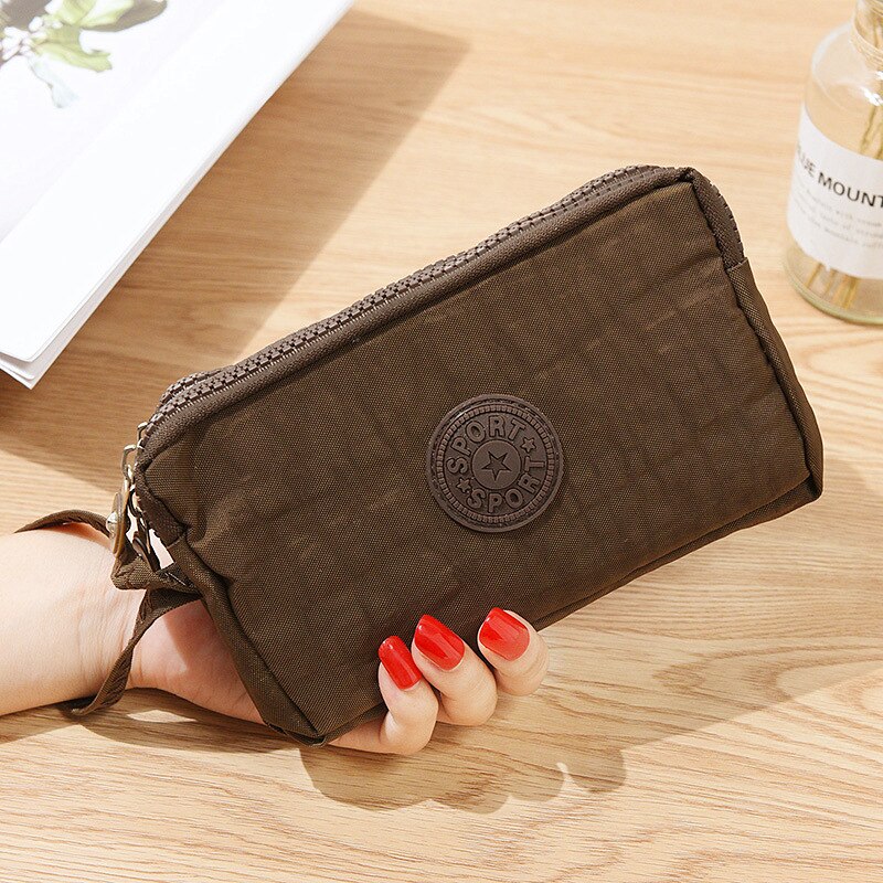 Women Wallets Women's Solid 3 Layer Canvas Cell Phone Bag Short Wallet Three-layer Zipper Coin Card Key Wallet: Brown