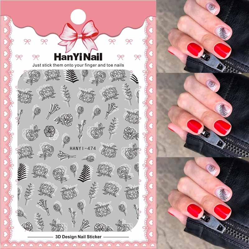 3D Nail Art Sticker Voor Manicure Decoratie Zwart Goud Kleuren Geometrische Lijnen Bladeren Ultra Dunne Slider Nail Lijm HY004: 474