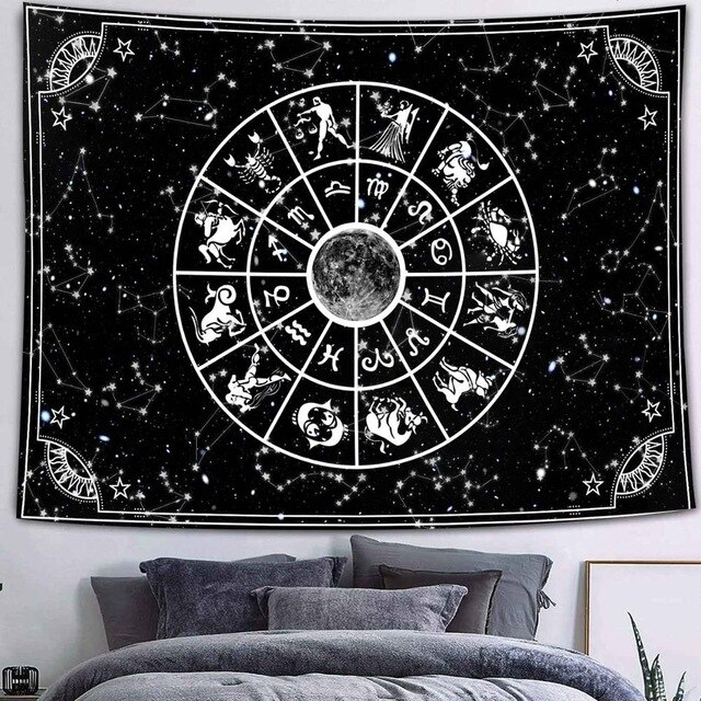 Tapiz gótico de Calavera, Luna, estrellas, cielo estrellado, montaña, negro y blanco, constelación romántica, tapiz para colgar en la pared, decoración estampada: 2