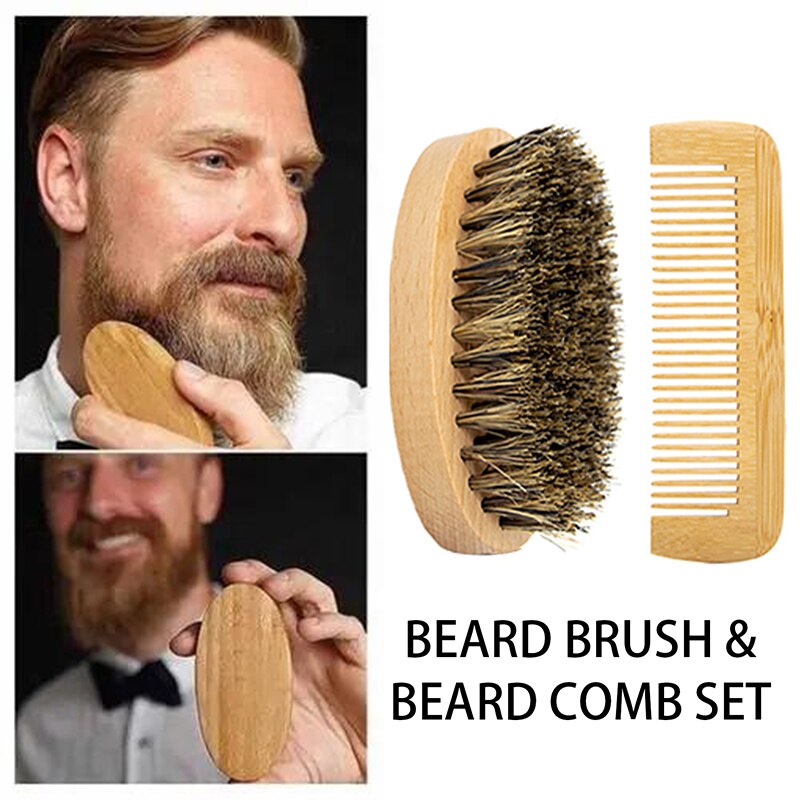 Wood Beard Brush Soft Boar Bristle Brush with Bamboo Wide Tooth Comb for Men Mustache Care Tool