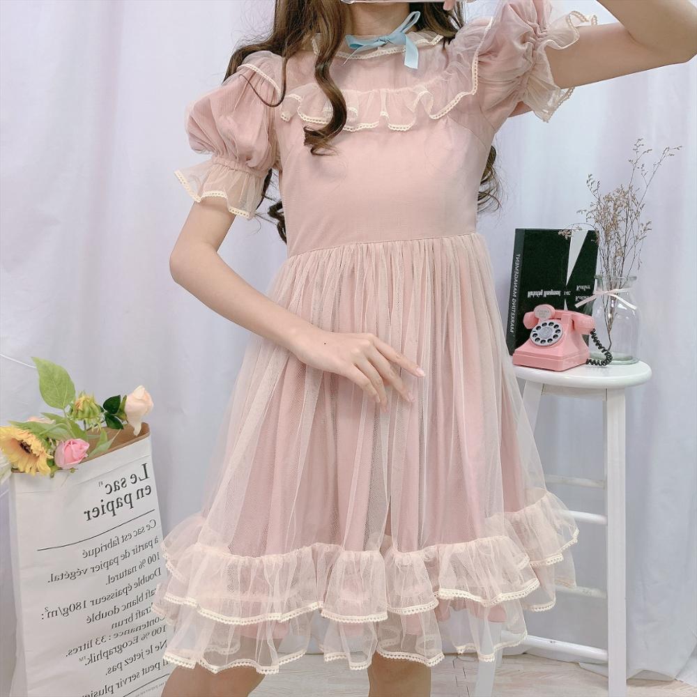 summer short sleeve Lolita dress puff sleeve mesh student sweet kawaii pink dress Cos Loli Vestidos