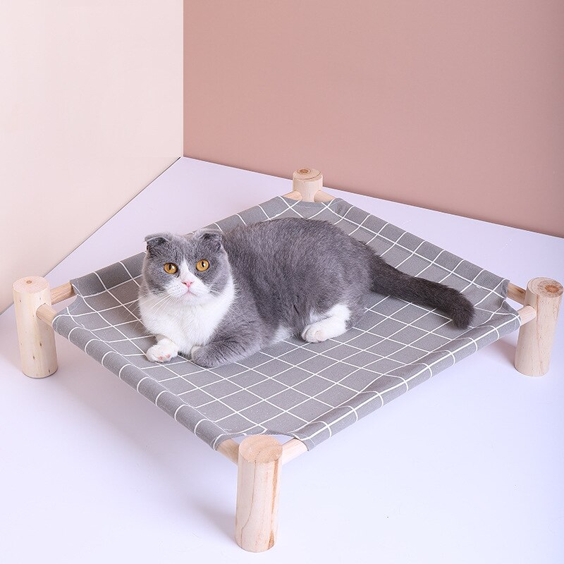 Hamaca de cuatro esquinas de madera maciza para gato, casa de lona, nido para gato, cama extraíble para perro y gato