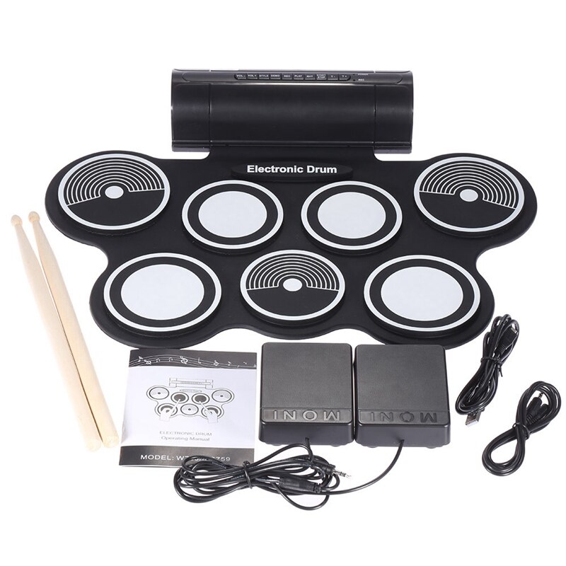 Electronic Drum Kit 7 Pad Digital Drum Portable Hand-Rolled Drum Set Press Sensitivity Double Horn Instrument /US Plug