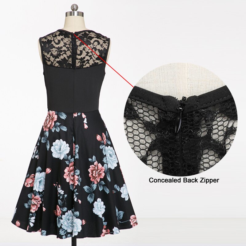 Tonval Black Floral Print Contrast Lace Sweetheart Dress Women Sleeveless A Line Party Skater Vintage Dresses