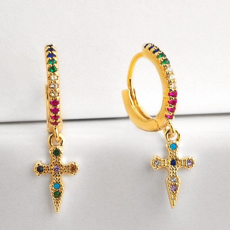 FLOLA Rainbow Gothic Cross Earrings Gold Tiny Stud Bar Earrings Aretes De Moda Huggie Jewelry Woman Cheap Stud Earrings ersq30