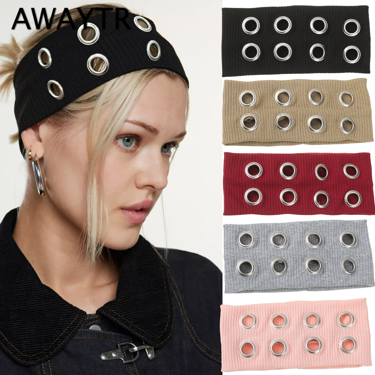 AWAYTR, diademas elásticas huecas de tela Punk para chica, banda para el cabello con ojales huecos personalizados de Metal Rock, diadema deportiva informal con ojales