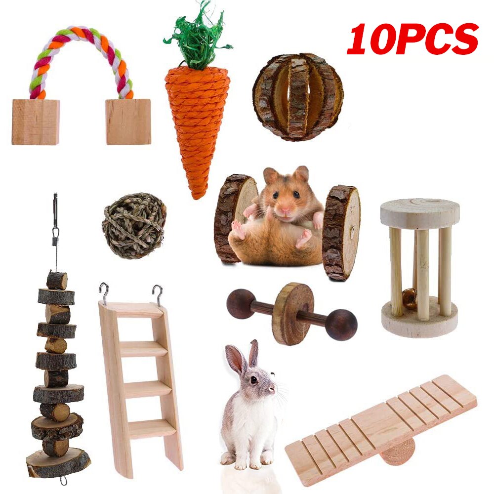 Cute Natural Wooden Rabbits Toys Pine Dumbells Unicycle Bell Roller Chew Toys For Guinea Pigs Rat Small Pet Molars Supplies: 10pcs