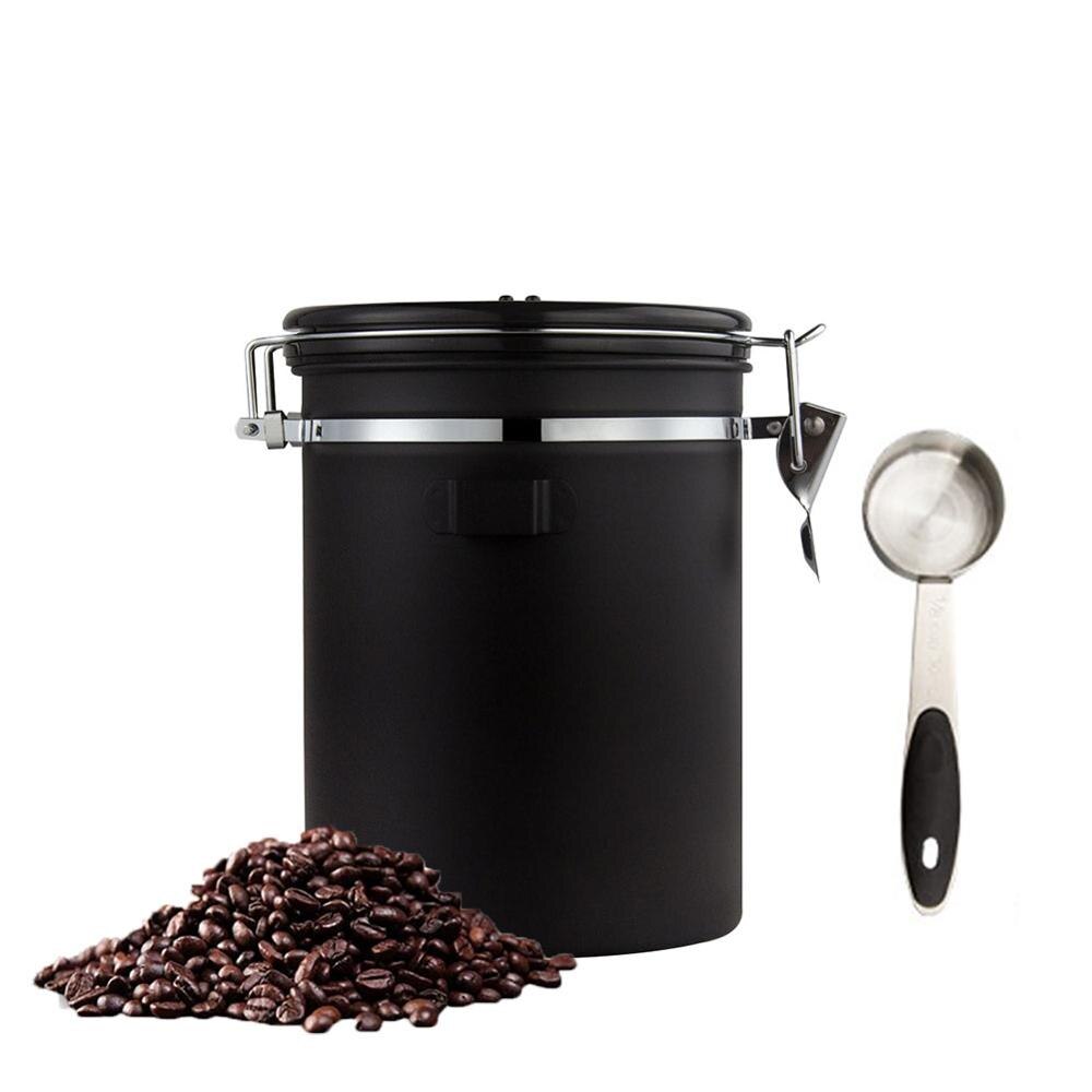 1.8l rustfri stålbeholderbeholder lufttæt kaffekrukke med måleske til ristede kaffebønner te nødder: Sort