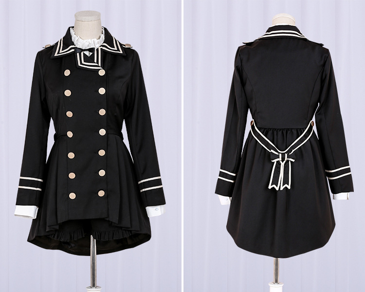Japansk collegestil vintage dubbelknäppt spets slagslag svala svans trench lolita kappa långärmad skjorta shorts kostym loli cos: Topp-shorts-rock / M