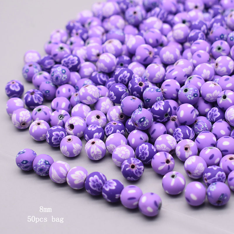 Cuentas de arcilla polimérica de 6/8/10mm, cuentas con estampado de flores, cuentas redondas sueltas para hacer joyería, pulsera DIY: Amarillo claro