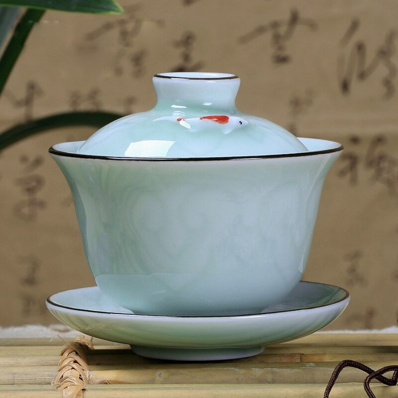 Chinese Celadon fish gai wan tea set,Bone China Tea cup Dehua gaiwan tea porcelain teacup tea set for kettle