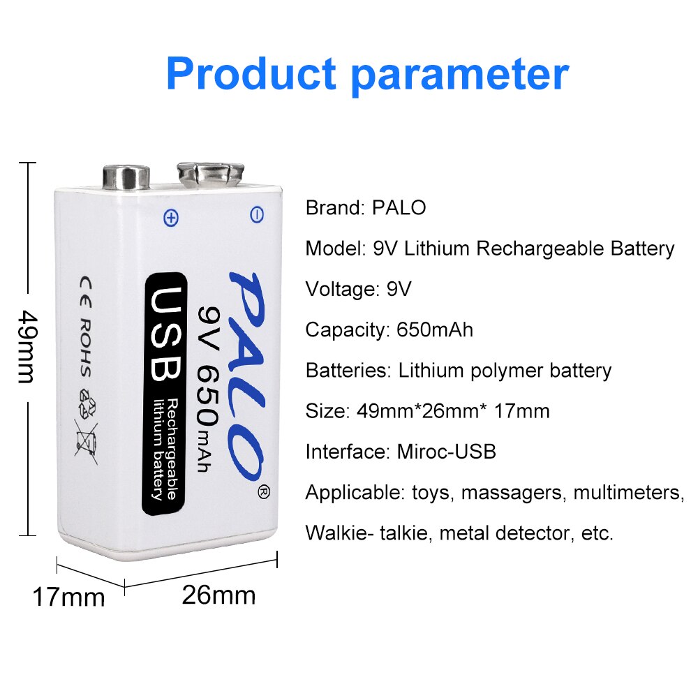 PALO – batterie Lithium-ion Rechargeable 9V, 650mAh, 6F22, Micro USB 9v, pour multimètre, Microphone, jouet, télécommande KTV