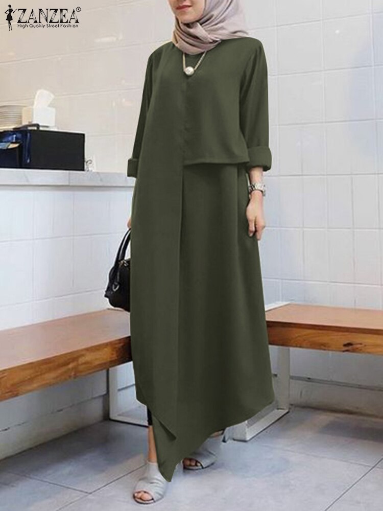 Solid Matching Sets 2022 ZANZEA Muslim 2PCS Sets Women Irregular Hem Blouse Long Pant Sets Party Loose Turkey Islamic Clothing
